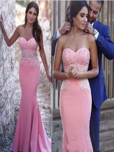 2017 goedkope zeemeermin avondjurken met sweetheart halslijn strapless kristal kralen applique trumpt roze crêpe feest prom jurken5625881