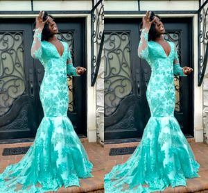 2017 Goedkope Mermaid Prom Dresses V-hals Lange Mouwen Applicaties Kant Satijn Custom Made Mint Green Plus Size Afrikaanse avondjurken