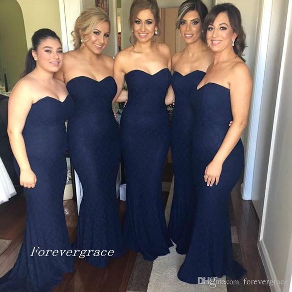 2019 Barato Azul marino Vestido de dama de honor Sirena Escote corazón Vestido largo de dama de honor Vestido de invitados de boda por encargo Tallas grandes