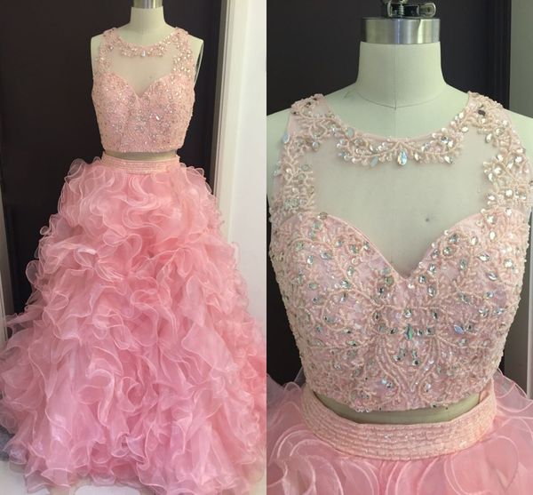 2017 pas cher rose deux pièces Quinceanera robe de bal robes bijou cou cristal perlé organza longs volants doux 16 soirée bal robes de soirée