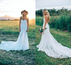 2022 Boheemse spaghetti riemen zeemeermin trouwjurken full lace sweetheart sexy backless zomer strand tuin bruidsjurken BA6660