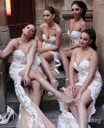 2019 chique zomer strand hoge lage bruidsmeisje jurk lieverd kant geappliceerd lange bruiloft gasten meid van eer gown plus size op maat gemaakt