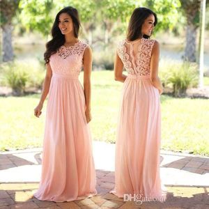 Blush Lace bruidsmeisje jurken juweel mouwloze bruiloft gastenjurk pure rits achterste veg trein chiffon formele avondjurken