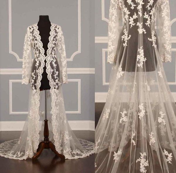 2017 chaquetas de boda reales personalizadas encaje ilusión Sexy marfil apliques tul manga larga lujo 3 metros chaqueta nupcial 8030665