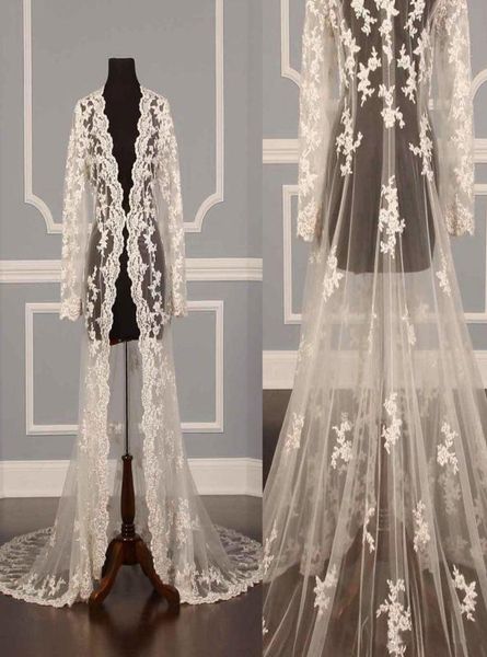 2017 chaquetas de boda reales personalizadas encaje ilusión Sexy marfil apliques tul manga larga lujo 3 metros chaqueta nupcial 7453142