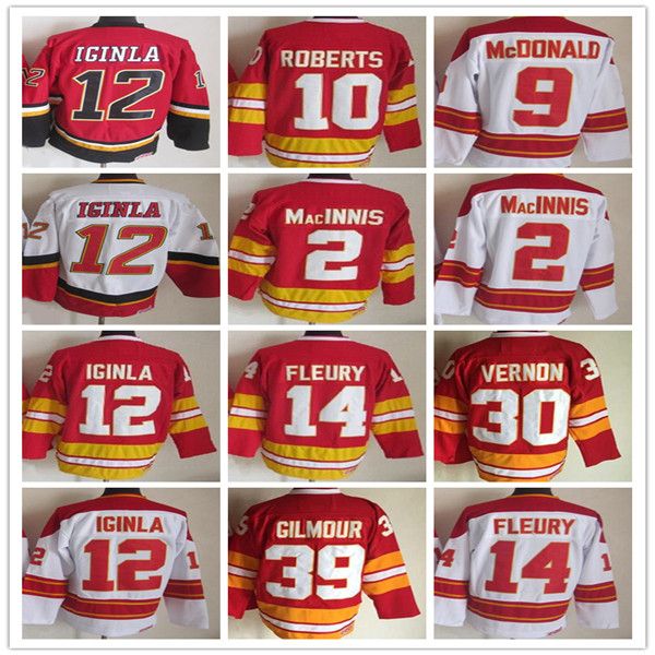 Maillots de hockey vintage 12 Jarome Iginla 14 Theoren Fleury 25 Joe Nieuwendyk 30 Mike Vernon 39 Doug Gilmour 2 Al Macinnis 9 Lanny McDonald 10 Gary Roberts Uniformes rétro