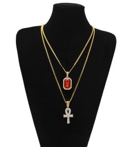 2017 Egyptische grote ankh key hanger kettingen sets mini vierkant ruby ​​saffier met charman Cuban Link Chain voor heuphop 84104126954132