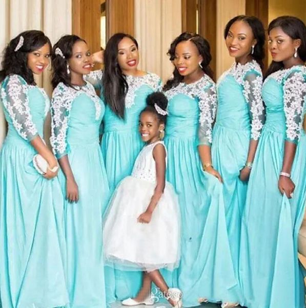 2017 Robes de demoiselle d'honneur africaines en mousseline de soie bleu clair élégantes longues pas cher avec dentelle blanche Applique Demoiselle d'honneur Robe d'invité de mariage EN110110