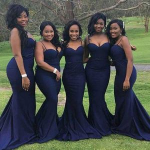 2017 elegante spaghetti riemen zeemeermin bruidsmeisje jurken goedkope marine blauwe satijnen meid van eer jurken bruiloftsgasten feestkleding plus size
