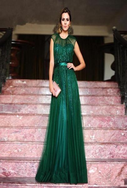 2017 Emerald Green Jewel Coule Tulle Longue robe de soirée avec Slim Sash Cap Socle Longueur du sol Robe Mère Wear9879057