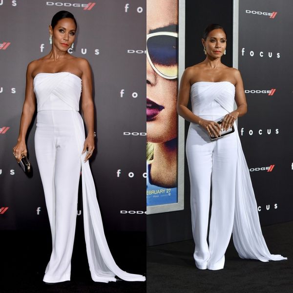 2019 Pantalones de noche Trajes Pantalones blancos de talla grande Traje Sin tirantes Sin mangas Fruncido Gasa Celebrity Red Carpet Pant Vestido que fluye Cinta