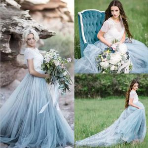 2017 Fairy Beach Boho Country Robes De Mariée En Dentelle Une Ligne Tulle Doux Manches Courtes Bleu Clair Jupes Froncées Plus La Taille Robe De Mariée Bohème