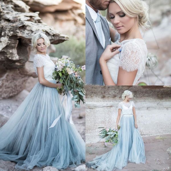 Fairy Beach Boho Dentelle Robes De Mariée Jewel Neck Une Ligne Doux Tulle Cap Manches Dos Nu Jupes Bleu Clair Plus La Taille Robe De Mariée Bohème