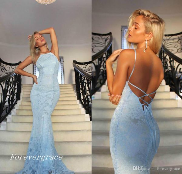 2019 Moda Vestido de fiesta con cuello halter de encaje azul claro Mermiad Fiestas formales largas Ropa de graduación Fiesta de noche Vestido de desfile por encargo Tallas grandes