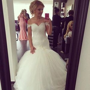 Mode van de schouder Trouwjurk Vestido de Novia Sweetheart Kant Applicaties Top Puffy Tulle Fit en Flare Mermaid Bruidsjurken