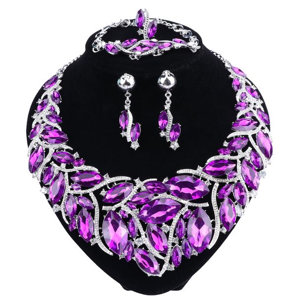Mode violet strass cristal déclaration collier boucles d'oreilles ensembles de bijoux de mariée décoration colliers bijoux cadeaux pour les femmes