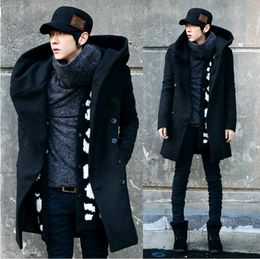Hiver hommes laine caban avec capuche Double boutonnage longue laine Trench manteaux hommes pardessus gris noir grande taille M-3XL