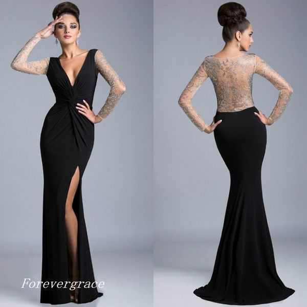 Mode femmes noir voir à travers Sexy robe de bal sirène fente manches longues formelle robe de soirée sur mesure grande taille