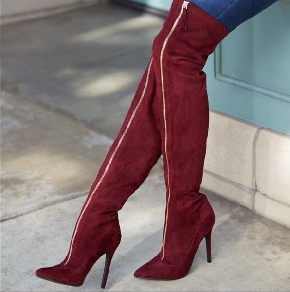 2017 moda mujer bota alta hasta el muslo botines con punta estrecha botas de tacón alto botas por encima de la rodilla botas de gamuza rojo vino zapatos de fiesta para mujer