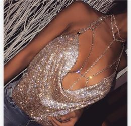2017 Fashion Womens Bling Sequin Chain Tops Sexy Deep Vneck Backless Halter Cami Tops Boho Crop Party Night Club Wear9346165