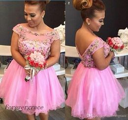 2019 Fucsia Sheer Cuello redondo Sin espalda Vestido corto de regreso a casa Una línea Juniors Dulce 15 Vestido de cóctel de graduación Tallas grandes por encargo