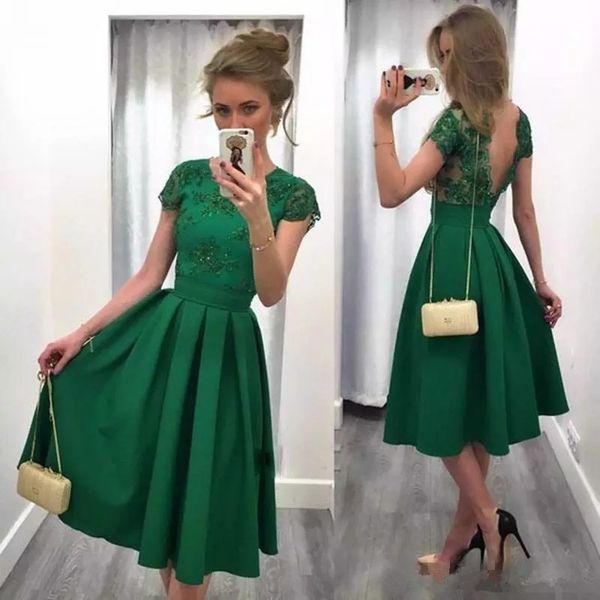 Vestido de noche de chifón de encaje de encaje de encaje de encaje verde sin respaldo Mini falda de té-longitud de té con volante vestido de fiesta vestido de fiesta vestido formal