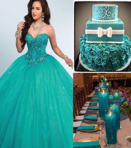 2017 groene baljurk Quinceanera jurken lieverd kristal kralen tule vloer lengte korset maskerade ball jurken zoete zestien d3746518