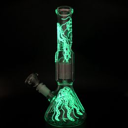 Glow In The Dark Hookahs Bong en verre UV Bongs 4 bras arbres Perc conduites d'eau huile Dab Rigs 18mm femelle narguilés avec tige descendante diffuse