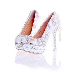 Handgemaakte bruiloft schoenen witte parel met kristal prachtige bruids schoenen vrouwen partij pumps platform hoge hak valentijn schoenen