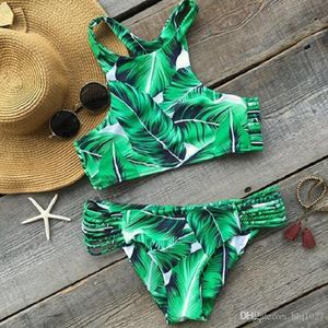 Hot High Neck Bikinis Dames Badmode Gedrukt Groen Blad Bandage Badpak Bikini Set Badpak Braziliaanse Biquinis Gratis verzending