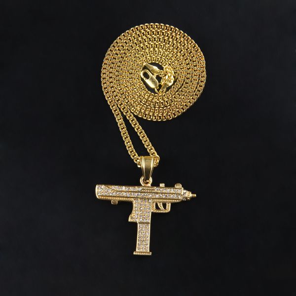 2017 CALIENTE Collares de Hip Hop Grabado Forma de Pistola Uzi Colgante de Oro Collar de Alta Calidad Cadena de Oro Joyería Colgante de Moda Popular