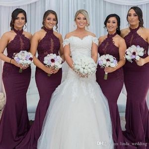 2019 Hot Purple Druif Mermaid Bruidsmeisjes Jurk Vintage Arabische Halter Hals Kant Top Bruiloft Guest Maid of Honour Gown Plus Size Custom Made