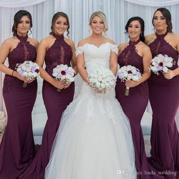 2019 Hot Purple Raisin Sirène Robe De Demoiselle D'honneur Vintage Arabe Halter Cou Dentelle Top Invité De Mariage Demoiselle D'honneur Robe Plus La Taille Sur Mesure