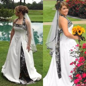 2017 Hot Koop Camo Trouwjurken Aline Goedkope Halter White Satin Long Garden Country Bridal Jurken Custom Made China EN9301