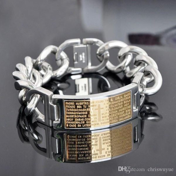 2017 venta caliente moda joyería de acero inoxidable hombres cruzan palabras en español pulsera brazaletes accesorios vintage para hombres regalo, plata chapada en oro