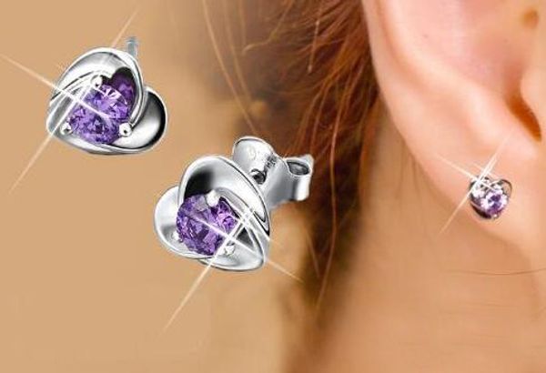 2017 Vente Chaude S925 argent sterling violet blanc cristal boucles d'oreilles femme belle oreille bijoux véritables boucles d'oreilles en forme de coeur
