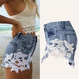 2017 Offre Spéciale Sexy Mode Femmes Taille Haute Gland Trou Shorts Jeans Denim Dentelle Pantalon Court S-XXL Taille Haute Qualité # DG3640