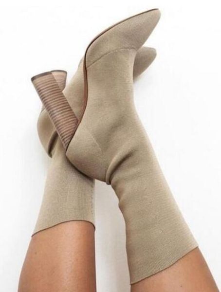 Gran oferta 2017, botines de punto elásticos, estilo Kim Kardashian, botas cortas con tacones de bloque, punta estrecha, tacones altos de 11CM, botas para mujer