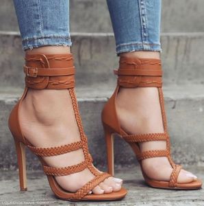 2017 hot koop vrouwen gebreide sandalen snijdt hoge hakken partij schoenen open teen gladiator sandalen gesp Sandalen
