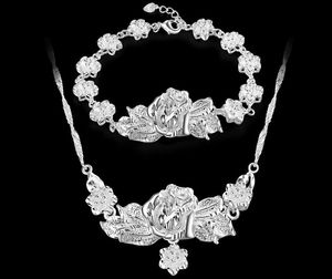2017 offres spéciales marque 925 placages en argent Rose fleur collier Bracelet femme mariage Rose bracelet collier ensemble de bijoux