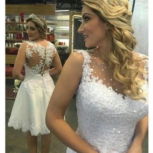 2017 Hot Selling See Through Korte Trouwjurk Nieuwe Kralen Crystal Handgemaakte Applicaties Custom Size Lace Bruidsjurk Mode