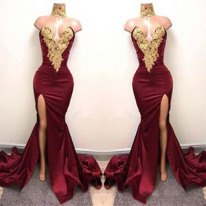 2017 Hot Sexy Pas Cher Bourgogne Robes De Bal Col Haut Sirène Côté Split Or Dentelle Appliques Perlé Longue Robe De Soirée Formelle Robes De Soirée