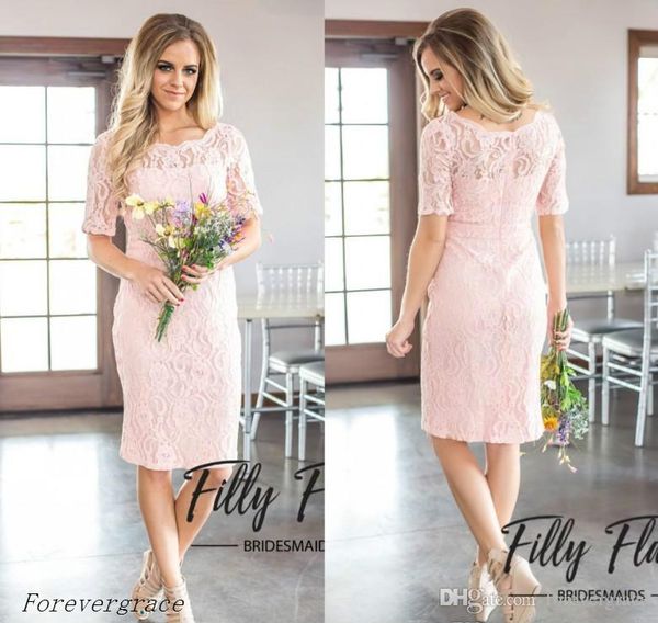 2019 Hot Summer Pink Lace Garden Vestido de dama de honor Medias mangas Bohemio Invitado de boda Vestido de dama de honor Tallas grandes por encargo