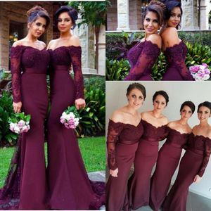 Junior Bourgondië Druif Mermaid Bruidsmeisjes Jurken Off Schouder Lange Mouwen Kant Applicaties Beaded Sheer Plus Size Maid of Honor Party Jurken