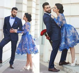 2019 kant floral blauw a-line korte prom homecoming jurken puffy rok Dubai Arabische stijl lange mouwen knie lengte afstuderen feestjurken