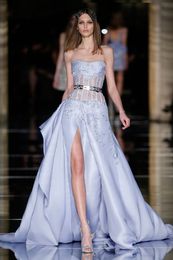2023 Lavendel Zuhair Murad Jurkt Long Fashion Lace Applique kralen Satijn Strapless High Slit Party avondjurken Couture Custom Made China