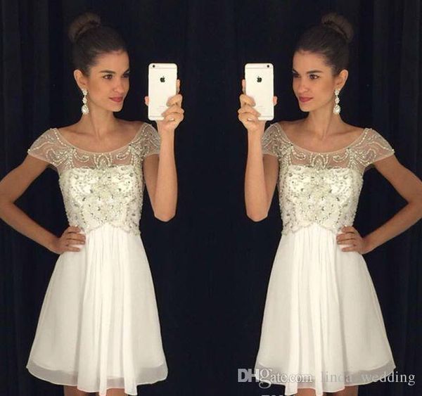 2019 Little White Chiffon Homecoming Dress A Line Cap Sleeves Short Juniors Sweet 15 Graduation Cocktail Party Dress Plus Size Custom Made