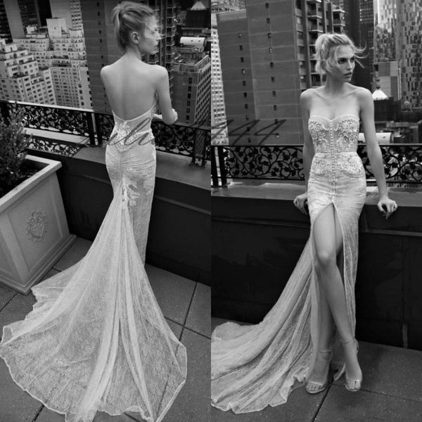 Inbal Dror Robe De Mariée Sirène 2019 Sexy Avant Fendu Balayage Train Dentelle 3D Floral Applique Perles Plage Robe De Soirée De Mariage Boho Robe De Mariée