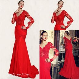 2019 robe de soirée sirène rouge à manches longues robe de bal en dentelle robe d'événement formel grande taille robe de soirée robe de festa longo