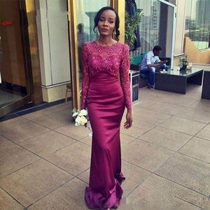 2017 Mangas largas Vestidos de dama de honor africanos Joya Invitado de boda Ropa de encaje burdeos Vestido de dama de honor Apliques Vestido de fiesta con cuentas Sirena